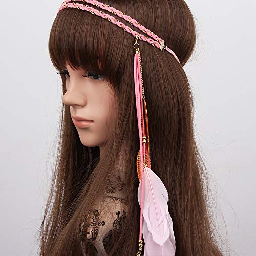 WLBON Halloween Boho Feather Headband Hippie Indian Leaf Hair Hoops Bands Tassel Bohemian Headpiece Hairband Women Xmas Wedding Festival Masquerade Cosplay Dress Up Birthday Party Accessories Pink - color: Pink Tone