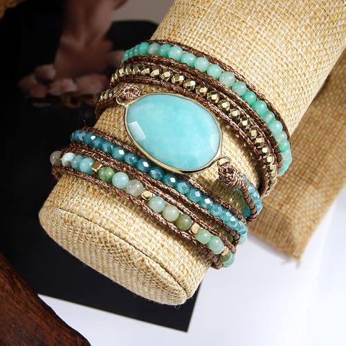 Women Wrap Bracelet Boho Natural Jasper Crystal Stone Beads Strand Bracelets - color: Amazonite #2