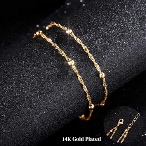925 Sterling Silver Ankle Bracelets for Women 14K Gold Plated Layered Anklet Sets Dainty Heart Anklets Chain Waterproof Beach Foot Jewelry Gifts - style: Style1-Gold