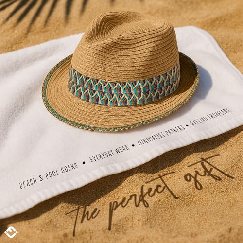 Funky Junque Straw Fedora Hats for Women - UPF 50+ Sun Hat, Short Brim Packable Beach Hat with Woven Pattern - color: 1 - Blue