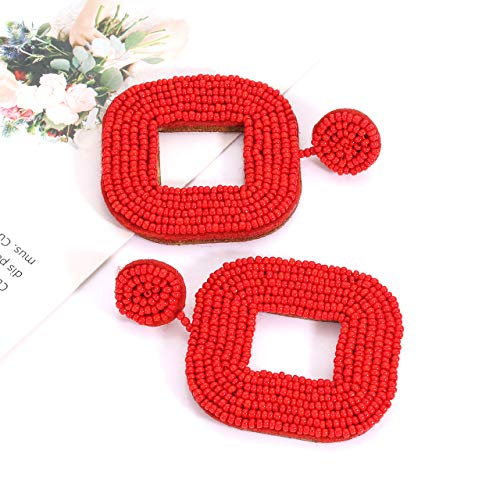 Beaded Drop Earrings Multicolored Seed Bead Earrings for Women Bohemia Statement Square Bead Hoop Dangle Earrings for Wedding Party Vacation - color: D Red