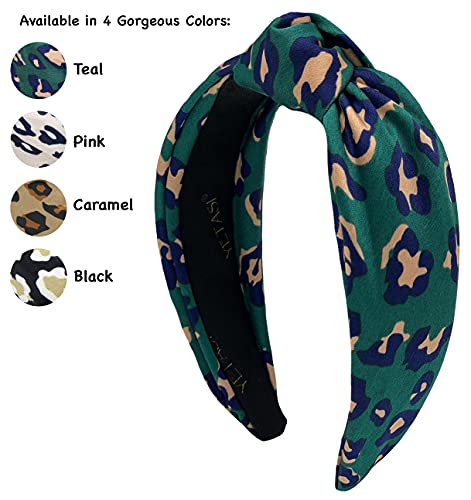 Leopard Satin Headbands for Women Designer Wearable All Day Head bands for Women's Hair are Chic. Green Knotted Headband is a Fashion Top Knot Cheetah Head band Girl - color: Blue Green