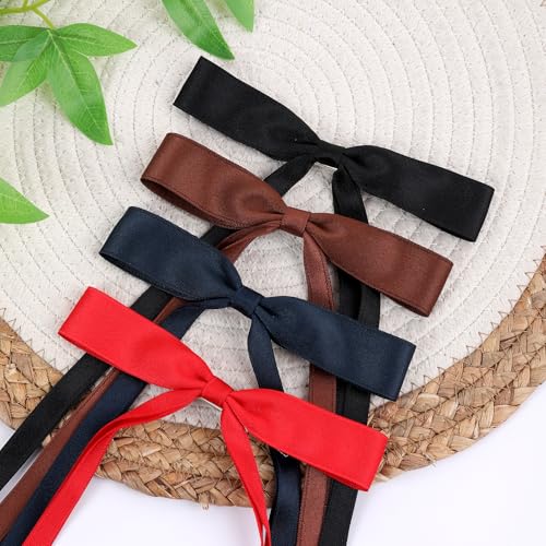 WORTL Hair Bows Clips Coquette Ribbon Bowknot with Long Tail Princess Hair Bows French Barrettes Hair Accessories for Women Girls 16PCS (Red, Brown, Dark Blue, Black) - color: Red, Brown, Dark Blue, Black