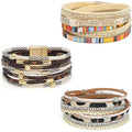 Wowanoo 3Pack Leather Cuff Bracelet Set Multilayer Wrap Bracelet Crystal Feather Tree Bracelet Magnetic Clasp Bracelet for Women - color: Colorful