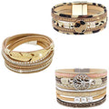 Wowanoo 3Pack Leather Cuff Bracelet Set Multilayer Wrap Bracelet Crystal Feather Tree Bracelet Magnetic Clasp Bracelet for Women - color: Leaf Tree