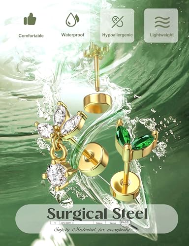 ORAZIO 16 Gauge Cartilage Earrings for Women Flat Back Hypoallergenic Surgical Steel Small Flatback Stud Hoop Cartilage Earring Stack Set Daith Conch Tragus Helix Piercing Jewelry Single PC - color: 14K Gold Plated+Emerald CZ
