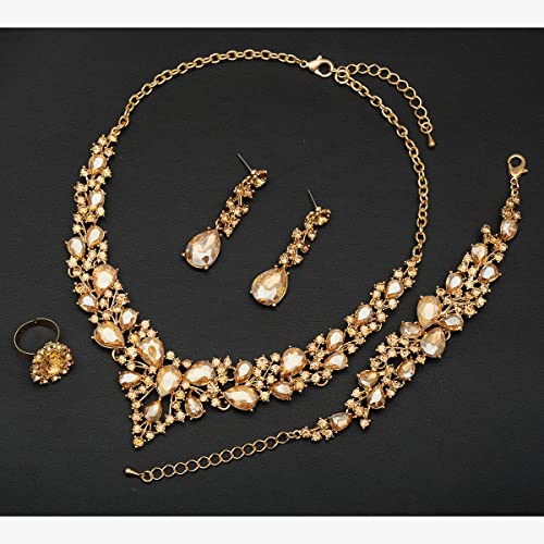 CSY 4 Pcs/Set Austrian Crystal Necklace Earrings Bracelet Ring Bridal Jewelry Sets for Brides Wedding Party Costume Accessories Gifts for Women - color: gold plated-champagne