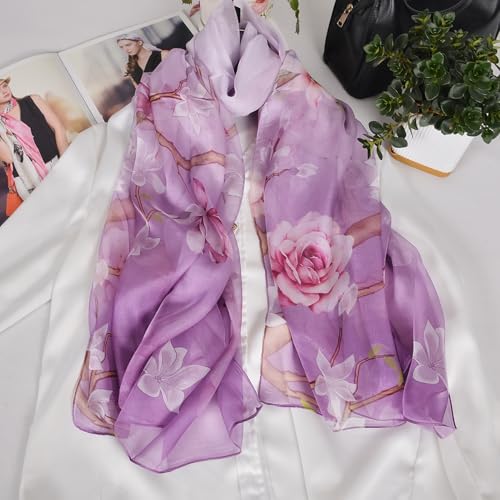 100% Mulberry Silk Women's Neck Silk Scarf-Lightweight Shawl,FLoral Print Beach Silk Wrap-Scarves for Photography - color: Purple