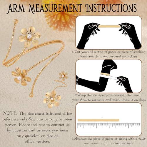 Gold Arm Cuff with Ring, 2 Pcs Open Upper Arm Bracelet and Ring with Rhinestones, Adjustable Metal Armband Jewelry Set - color: Flower