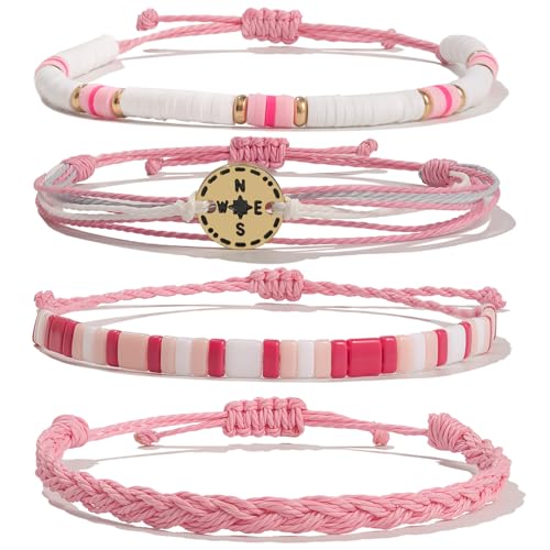 FANCY SHINY Boho Nautical Compass String Bracelets Beaded Clay Beads Bracelet Stackable Friendship Bracelets Summer Beach Outfits for Women Girls - color: Pink