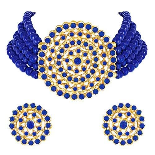 Aheli Pearl Diamond Choker Necklace & Round Earrings Gift for Women Indian Traditional Bollywood Fashion Bharatanatyam jewellery set - color: Blue