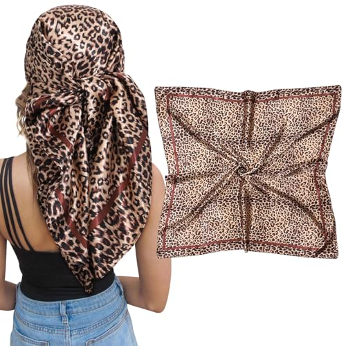 AWAYTR Satin Silk Scarf - Large Hair Bandana, Sleeping Wrap for Women - color: Leopard Print (Coffee)