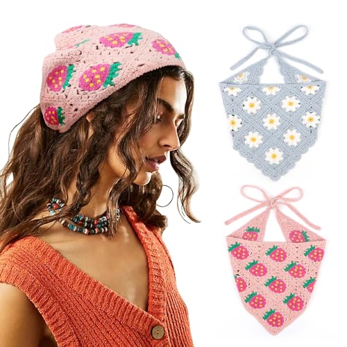 DRESHOW Floral Crochet Hair Bandana Tie Knotted Headscarf Vintage Headband Knitted Head Kerchief for Women Girls - color: 2 Pcs Floral Crochet (Sun Flowers + Strawberries)