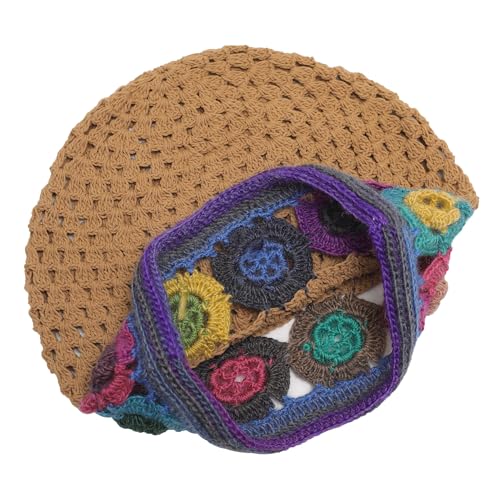 ZLYC Women Cotton Crochet Slouchy Beanie Hat Handmade Knit Summer Skull Cap - color: Colorful Flower Shiny Brown