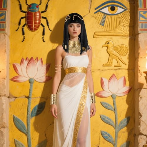 Yunlly 6 Pcs Egyptian Queen Costume Set for Women Black Braided Wig Gold Snake Headpiece Bib Necklace Choker Set Face Veil Arm Cuffs for Halloween