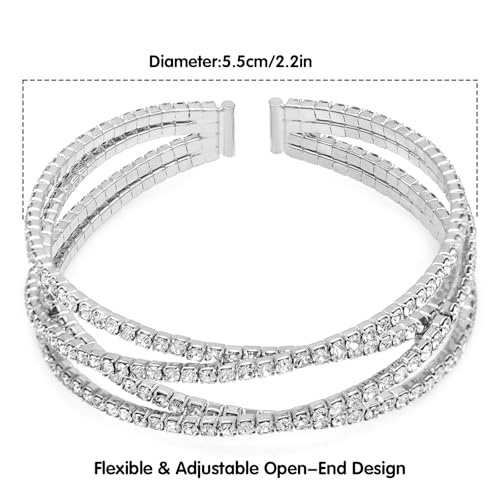 Women's Multi-Layer Rhinestone Cuff Bracelet Sparkling Crystal Tennis Bangle for Bridal Wedding Party - color: 1221 Silver