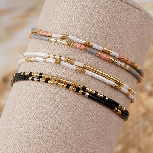 Boho Beaded Strand Friendship Bracelets set for Women,Adjustable Dainty Handmade Stackable White Gray Black 3PCS Couples String Rope Bracelet Bohemia Jewelry Gift