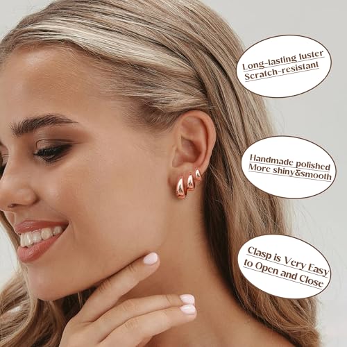 BESTEEL 3Pairs 14K Gold Plated Hoop Earrings Set for Women Chunky Earring Silver Plated Hypoallergenic Small Huggie Hoops Lightweight Tiny Thick Trendy Hoop Earrings Stacks for Multiple Piercing - color: rose gold plated