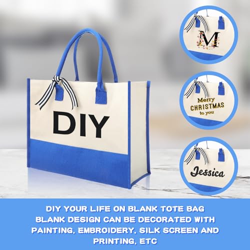 Reginary 12 Pack Canvas Tote Bags Initial Classic Present Personalized Canvas Beach Bag for Wedding, Birthday, Beach(Blue and White) - color: Blue and White