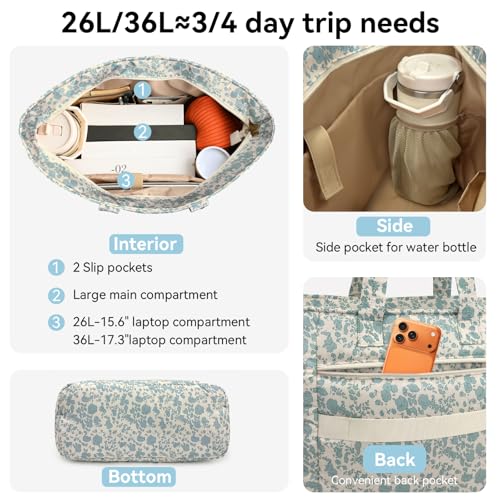 Puffer Tote Bag with Pouch, Women's Lightweight Quilted Shoulder Bag, 15.6"/17.3 Laptop Travel Weekender for Work & Nurses - color: Blue Flower, size: Medium