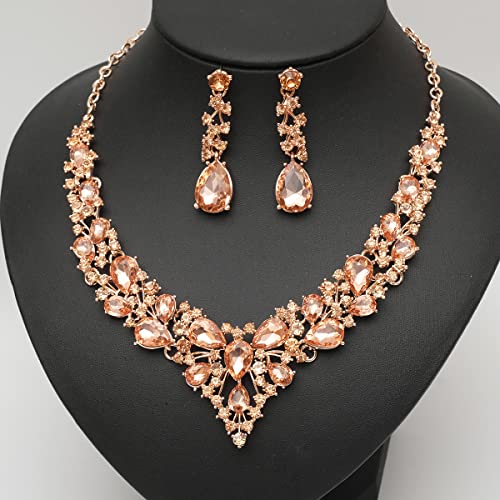 CSY 4 Pcs/Set Austrian Crystal Necklace Earrings Bracelet Ring Bridal Jewelry Sets for Brides Wedding Party Costume Accessories Gifts for Women - color: 02-rose gold-peach