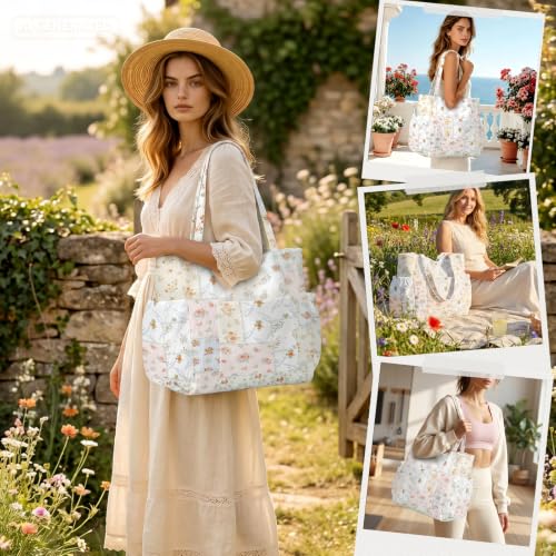 Corduroy Tote Bag for Women,Large Capacity Cute Tote Bags With 6 Pockets,Crossbody Shoulder Handbag for Work Travel Gym - color: Cottage Garden Patchwork