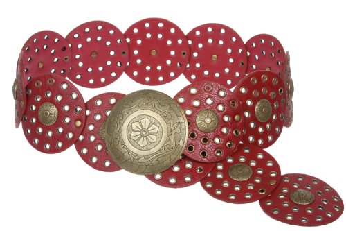 Beltiscool 3 1/2" (90 mm) Wide Ladies Wide Boho Disc Concho Leather Belt - color: Red, size: L - 45 END-TO-END