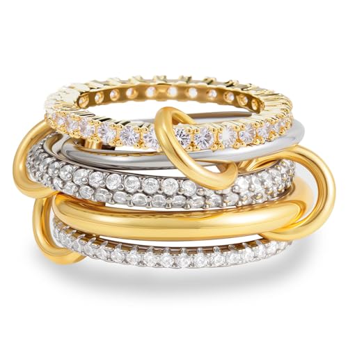 18K Gold Plated Stackable Rings for Women with Gift Box – Silver & Gold Multi-Link Connected Bands Set,Cubic Zirconia Mixed Metals Rings, Tarnish-Resistant Jewelry - color: five rings set, size: 6