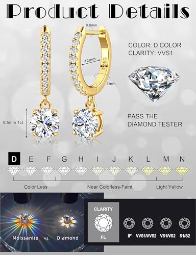 Moissanite Earrings, Sterling Silver Hoop Earring 1.0ct-2.0ct D Color Brilliant Hypoallergenic Earring for Women Men Drop Dangle Moissanite Leverback Mother's Day Gift - color: 2.0 carats(1.0ct*2)-Gold