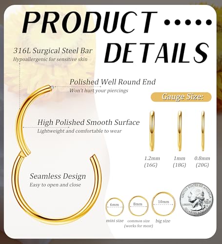 3pcs Nose Rings Hoops - 316L Surgical Steel Nose Hoops 16G/18G/20G CZ Opal Turquoise Clicker Septum Nose Ring Lip Helix Cartilage Hoop Earring Daith Rook Conch Body Piercing Jewelry for Women Men 6mm 8mm 10mm - color: Gold, size: 18 gauge(1.0mm)-10mm