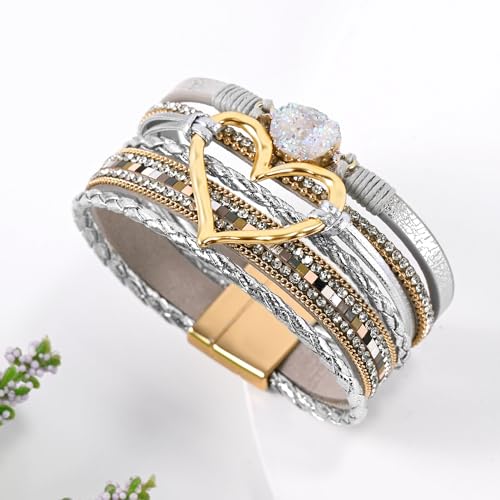 VIBILIA Boho Leather Wrap Bracelets for Women Multi-Layer Bracelets with Strong Clasp Jewelry for Women - color: 01-Heart-GoldSilver