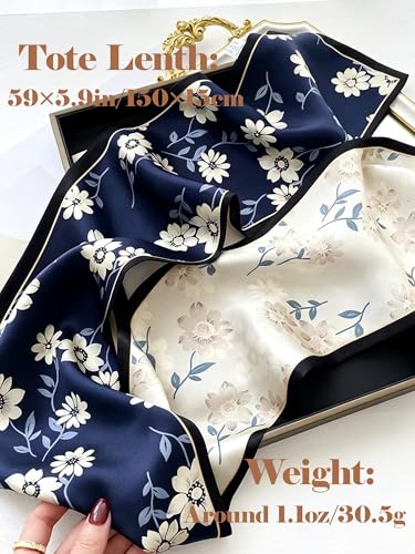 kcctoo 59" Mulberry Silk Like Head Scarf Women's Fashion Square Neck Satin Scarfs for Bag Hair Scarves Gift 59 * 5.9” - color: B004-navy Floral Scarf
