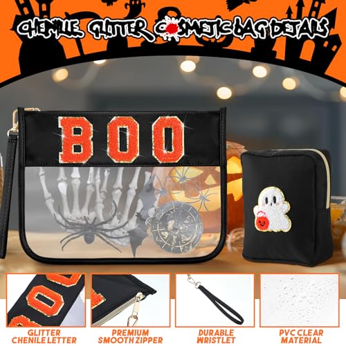 Hillban 2 Pcs Summer Halloween Gifts Chenille Letter Bags Boo Patch Makeup Bag Spooky Pumpkin Flat Clear Pouch PVC Organizer Purse Waterproof Travel Cosmetic Bag Portable Storage Case for Women - style: Boo Theme