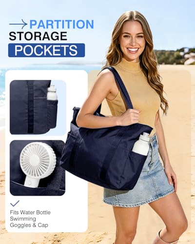 Tote Bag for Women, 26L Capacity Travel Purses Work Bag, Small Zipper Tote Bag for Travel Nurse Gym Teacher - color: Navy Blue