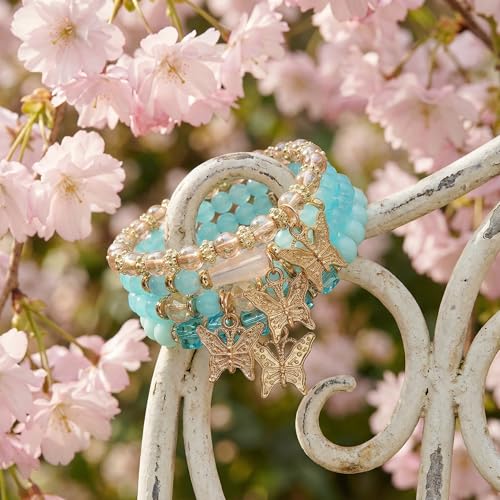Bohemian Bracelet Sets for Women - 4-Pack Stackable Stretch Bead Bracelets with Black＆White Crystal & Gold Accessories, Multi-Layer Boho Jewelry - color: turquoise butterfly