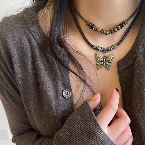 Boho Braided Rope Necklace for Women Vintage Butterfly Feather Adjustable Wooden Beads Layered Necklace Bohemian Wolf Tooth Totem Tribal Ethnic Style Jewelry - style: Butterfly