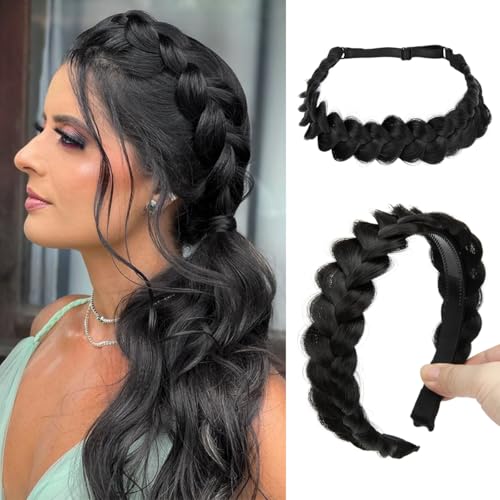 CJL HAIR 2PCs Braided Headbands Hair Piece for Women Synthetic Hair Hoops Head Bands Handmade Braid Hairband Accessories Elastic Stretch Headwrap Black - color: 2PCS-Black