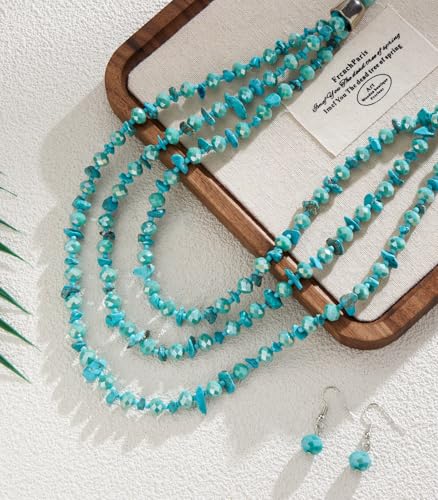 Errally Layered Beaded Statement Necklace Multi Strand Crystal Beads Collar Necklace and Earring Sets for Women Fashion Costume Jewelry Set Gifts for Her - color: 15-Turquoise