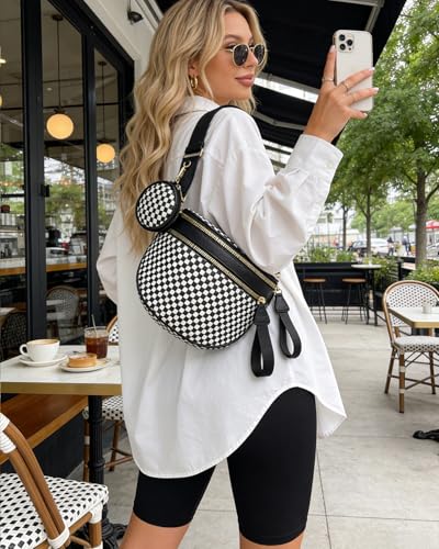 Valentoria Large Woven Leather Crossbody Bags for Women Checkered Bum Bag Sling Bag Purse Adjustable Strap Detachable Wallet | Woven - color: Black&white Checkered