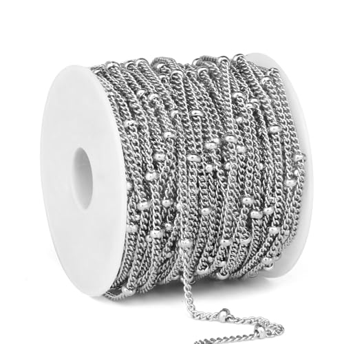 33 Feet Stainless Steel Satellite Curb Chain Roll, 2mm 304 Stainless Steel Ball Beaded Twisted Link Chains Spool Bulk for Jewelry Making DIY Craft - color: Stainless Steel Small Beads Satellite Curb Chain