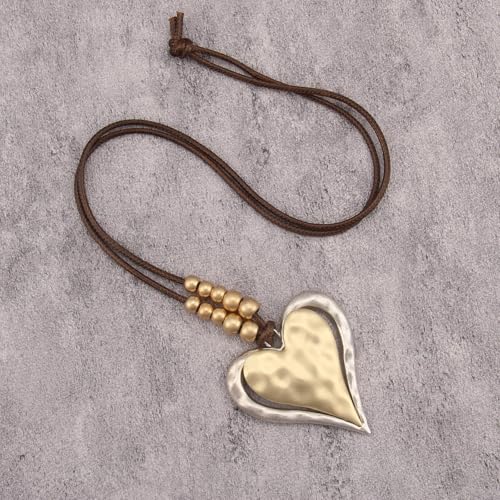 GelConnie Leather Necklaces Turquoise Long Boho Necklaces for Women Brown Chunky Circle Pendant Chocker Necklace Gold Sweater Necklace - style: Large Heart Pendant Necklace