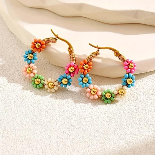 Colorful Rice Beads Flower Hoop Earrings for Women Handmade Beaded Boho Gold Circle Earrings Jewelry Resin Floral Hoop Earring Gift
