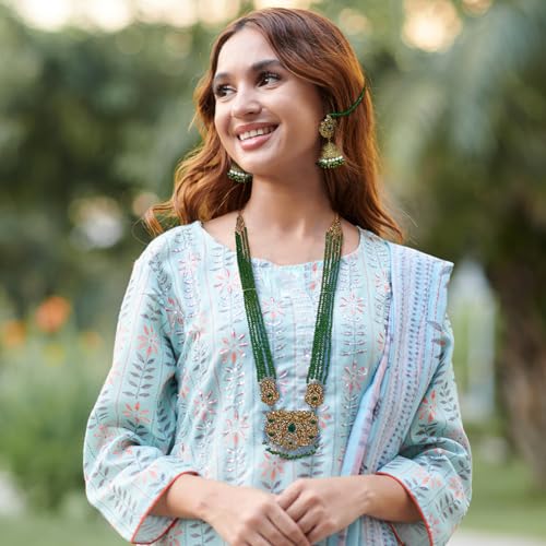 Duel On Jewel Indian Ethnic Jewelry Virtual Bundle for Women - Gold-Plated Teardrop Bell Anklet Payal Set with Green Bead Rani Haar Necklace & Jhumka Earrings, Bridal Wedding Party Boho Mughal Style