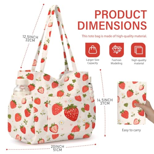 Corduroy Tote Bag for Women,Large Capacity Cute Tote Bags With 6 Pockets,Crossbody Shoulder Handbag for Work Travel Gym - color: Watercolor Strawberry
