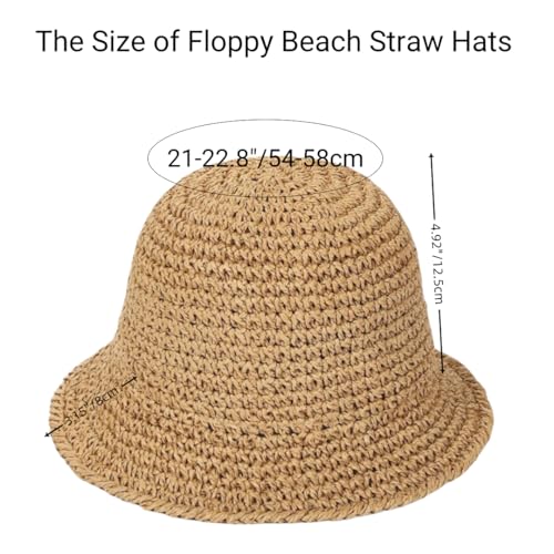 Womens Floppy Straw Sun Hat Packable Wide Brim Summer Beach Hat Foldable Crochet Bucket Hats - color: Khaki 2