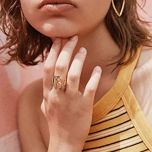 FindChic Customizable Initial Ring Statement 18K Gold Plated Fashion Cuff Rings for Women Alphabet Letter A to Z Resizable Knuckle Ring (with Gift Box) - color: C