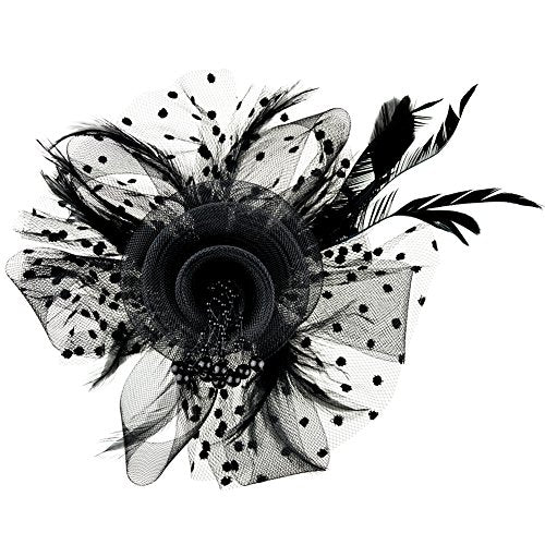 DRESHOW Fascinators Hat Flower Mesh Ribbons Feathers on a Headband and a Clip Tea Party Headwear for Girls and Women - color: 7" Diameter / Black