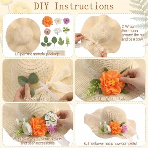6 Sets DIY Tea Party Straw Hats Kit DIY Straw Hat for Women Blank Sun Hats - style: Wildflower Meadow