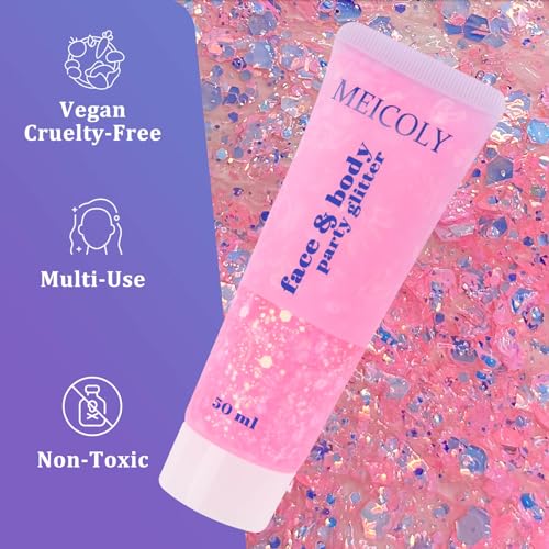 MEICOLY Chameleon Baby Pink Body Glitter,Pink Turn to Purple Face Glitter Paint,Holographic Color Changing Mermaid Face Glitter Gel for Hair,Self-Adhesive Chunky Glitter for Halloween Festival Party - color: chameleon baby pink body glitter