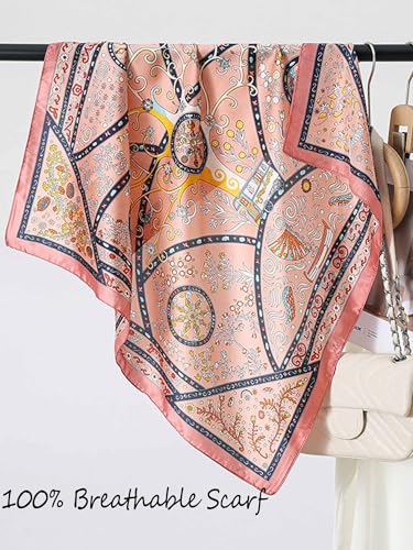 Silky Scarf for Women Lightweight Satin Bandanas Neck Hair Wrap For Sleeping Head Scarves 27.5" - color: A23 Pink Retro Elements/27.5"